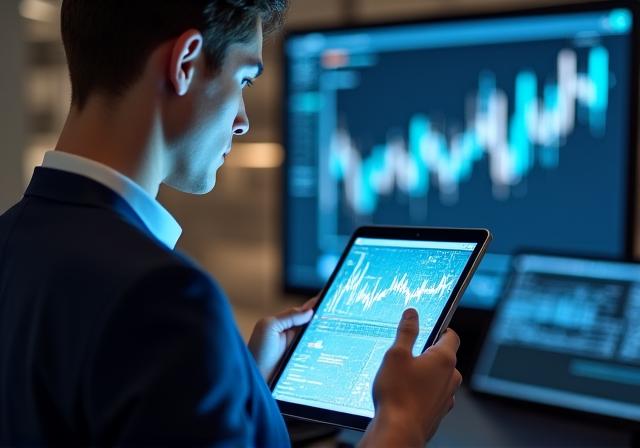 Business professional analyzing predictive growth curves on a digital tablet