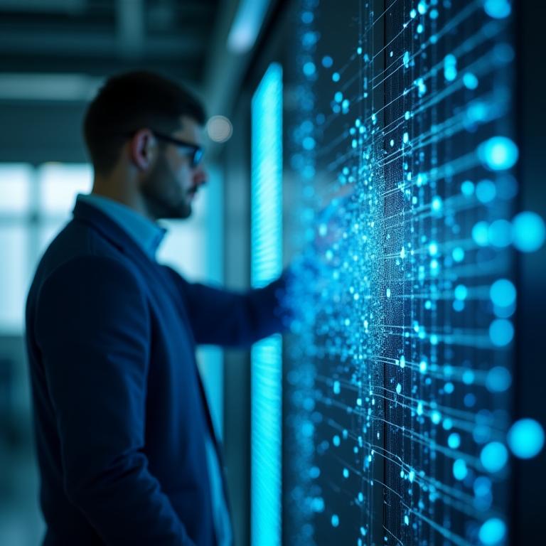 Data scientist reviewing complex AI neural network visualizations